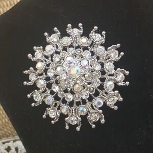 Vintage Clear & Iridescent Rhinestone Silvertone Brooch Pin *Loop For Pendant 2"